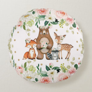 Wasserfarbenes Blumenwaldland Tiere Girl-Kinderzim Rundes Kissen