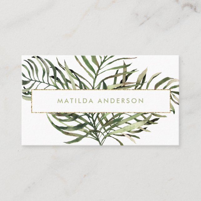 Wasserfarbenes botanisches Blattwerk und Golddetai Visitenkarte (Vorderseite)