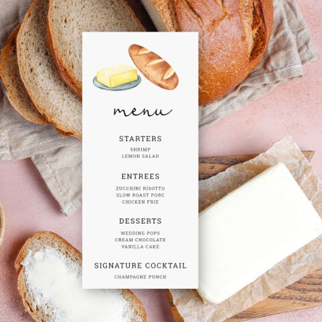 Wasserfarbenes Brot und Butter - Menü für Hochzeit Menükarte (Von Creator hochgeladen)