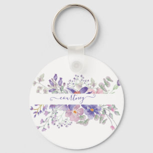 Wasserfarbenes Floral in Rosa und Lila personalisi Schlüsselanhänger