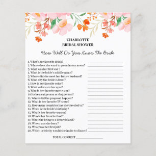 Wasserfarbenes florales Brautdusche-Quiz Flyer