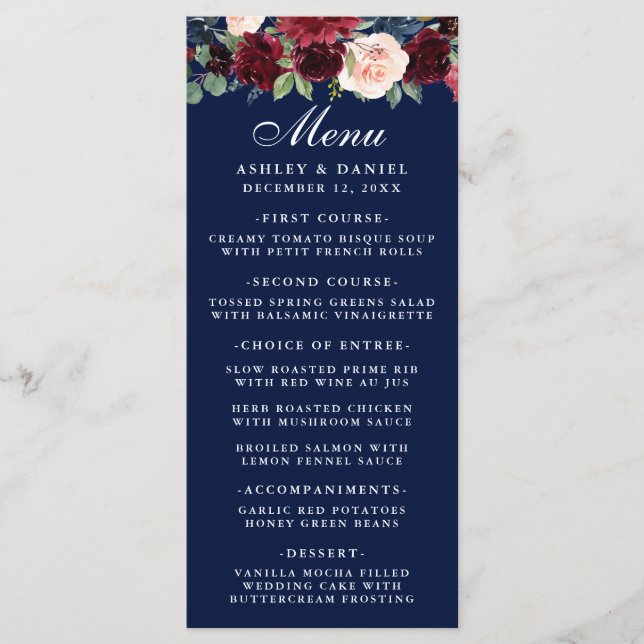 Wasserfarbenes florales Burgundy Wedding Menu Blau Menükarte (Vorderseite)