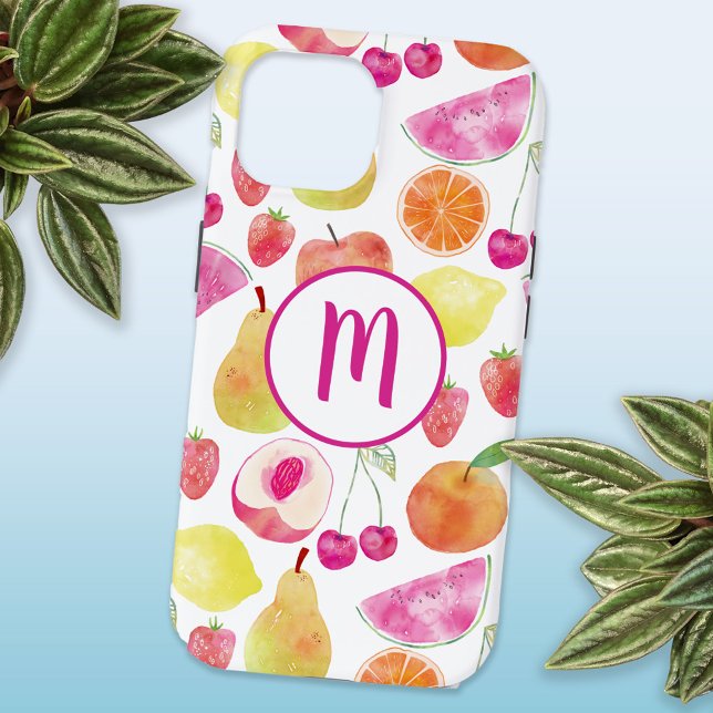 Wasserfarbenes Fruchtmonogramm iPhone 15 Hülle (Watercolor fruit fun monogram tropical cell phone case)
