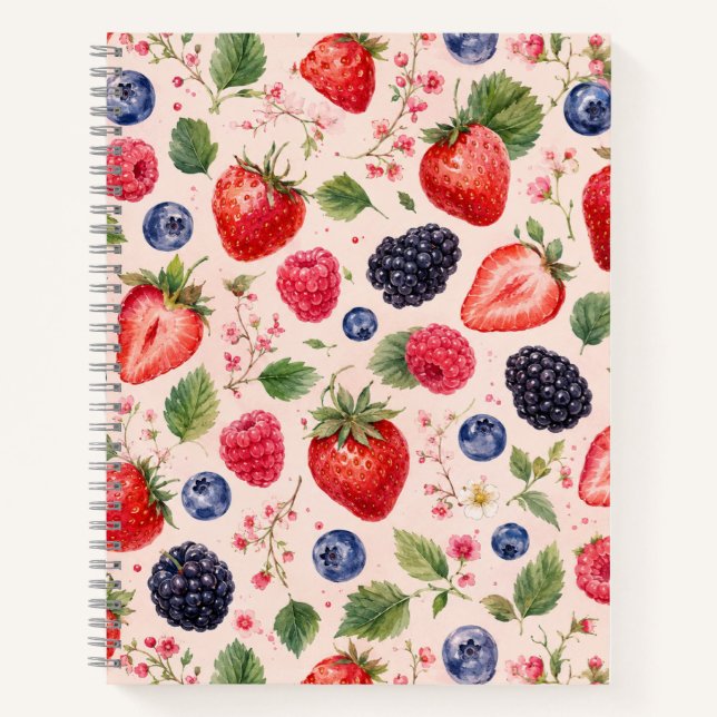 Wasserfarbenes Fruchtmuster aus gemischten Beeren Notizbuch (Vorderseite)