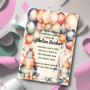 Wasserfarbenes Geburtstagsballons-Kuchen-Essen Einladung