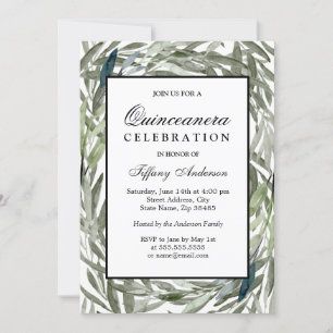 Wasserfarbenes grünes Leaf Border Quinceanera lade Einladung