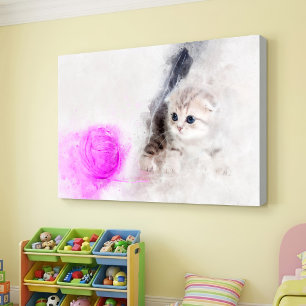 Wasserfarbenes Kätzchen, das mit einem rosa Garnkn Leinwanddruck