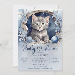 Wasserfarbenes kleines Kätzchen Winter Babydusche Einladung