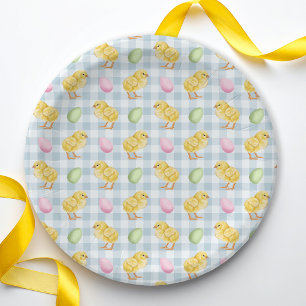 Wasserfarbenes Küken und Eier auf blauem Gingham-M Pappteller