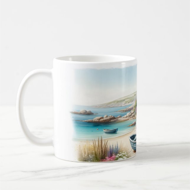 Wasserfarbenes Küstenhaus-Seescene Kaffeetasse (Links)