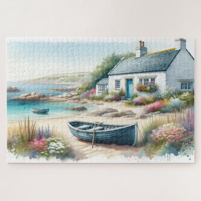 Wasserfarbenes Küstenhaus-Seescene Puzzle (Horizontal)