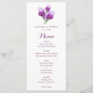 Wasserfarbenes Lila "Calla Lily Floral Wedgemenü" Menükarte
