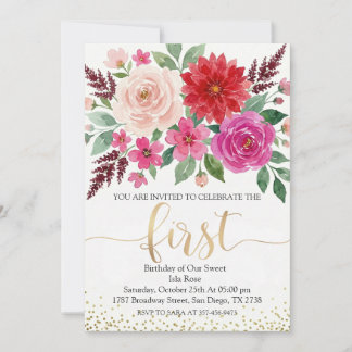 Wasserfarbenes Mädchen Geburtstag Floral Gold Glit Einladung