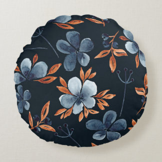 Wasserfarbenes, nahtloses Blumenmuster mit Indigof Rundes Kissen