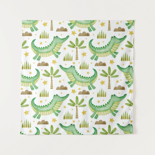 Wasserfarbenes nahtloses Muster der Krokodilpalme Wandteppich (Vorderseite)