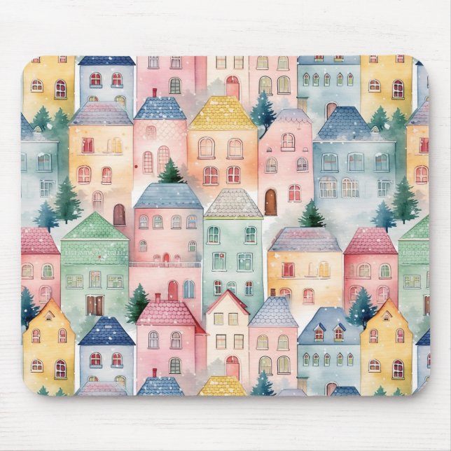 Wasserfarbenes nahtloses Muster mit Häusern Mousepad (Vorne)