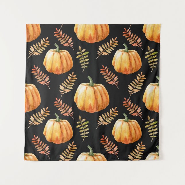 Wasserfarbenes nahtloses Muster mit Kürbis Wandteppich (Vorderseite)