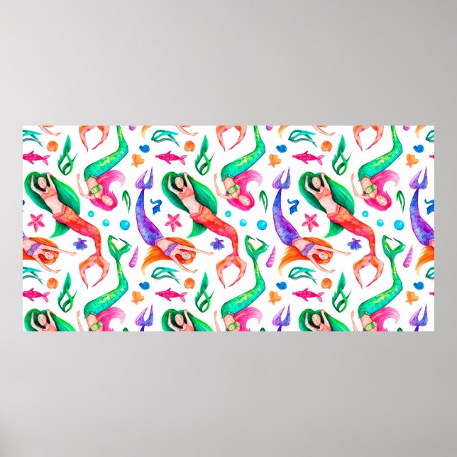 Wasserfarbenes nahtloses Muster mit Meerjungfrauen Poster (Vorne)