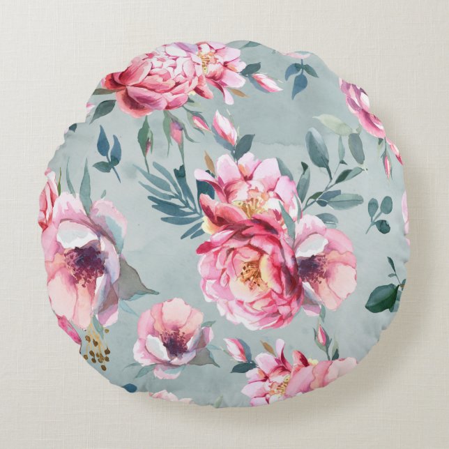 Wasserfarbenes nahtloses Muster von Pfirsichen und Rundes Kissen (Vorderseite)