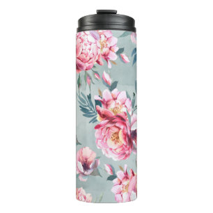 Wasserfarbenes nahtloses Muster von Pfirsichen und Thermosbecher