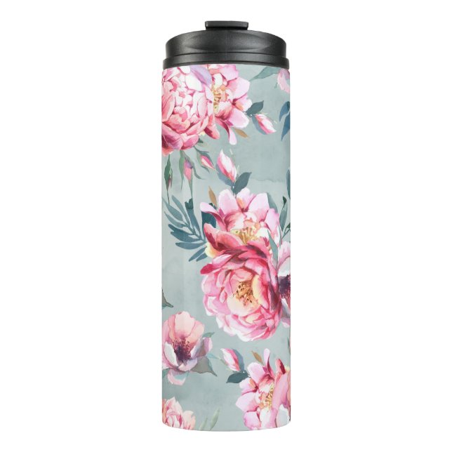 Wasserfarbenes nahtloses Muster von Pfirsichen und Thermosbecher (Vorderseite)