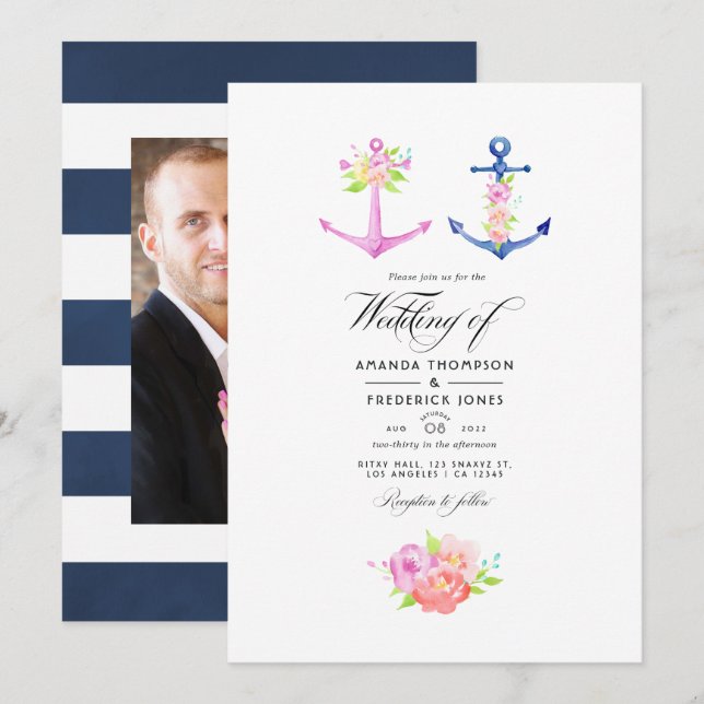 Wasserfarbenes Nautical Themed Floral Wedding Foto Einladung (Vorne/Hinten)