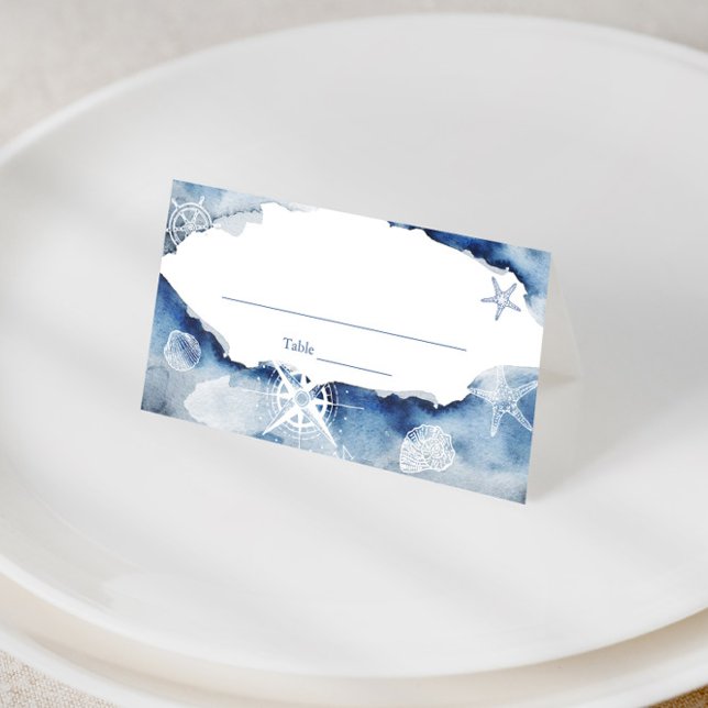 Wasserfarbenes nautisches Brautparty oder Hochzeit Platzkarte (Nautical inspired navy blue and white place cards)