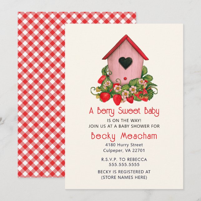 Wasserfarbenes Niedliches Birdhouse mit Erdbeeren Einladung (Vorne/Hinten)