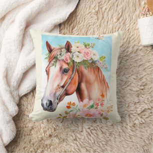 Wasserfarbenes Pferd und Blume Kissen