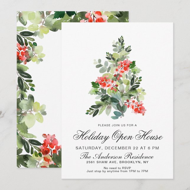 Wasserfarbenes Pine Tree CHRISTMAS FERIENHAUS OFFE Einladung (Vorne/Hinten)