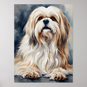 Wasserfarbenes Porträt süßer Shih Tzu Hund in Pose Poster