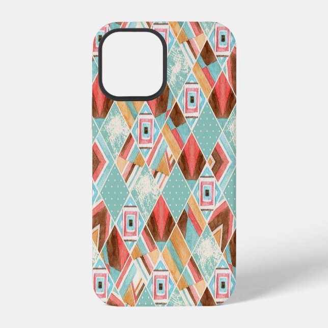 Wasserfarbenes Quadrat, geometrischer Patchwork-Hi iPhone Hülle (Rückseite)