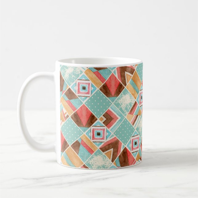 Wasserfarbenes Quadrat, geometrischer Patchwork-Hi Kaffeetasse (Links)