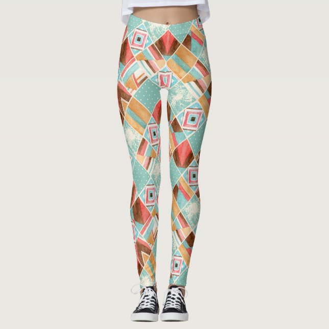 Wasserfarbenes Quadrat, geometrischer Patchwork-Hi Leggings (Vorderseite)
