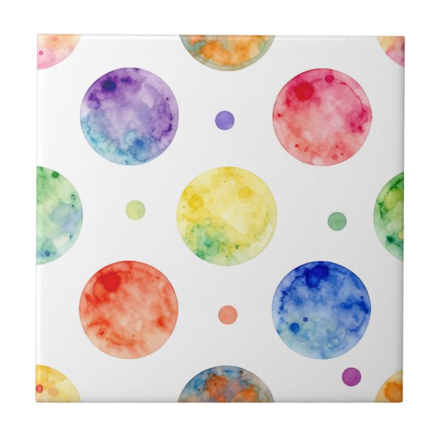 Wasserfarbenes Regenbogen-Orb-Polka-Punkt-Muster Fliese (Vorderseite)
