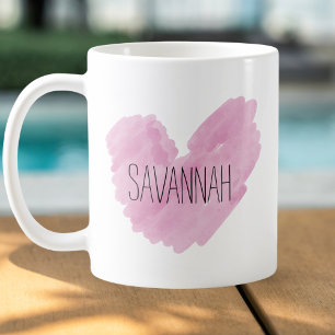 Wasserfarbenes rosa Herz, anpassbarer Name Kaffeetasse