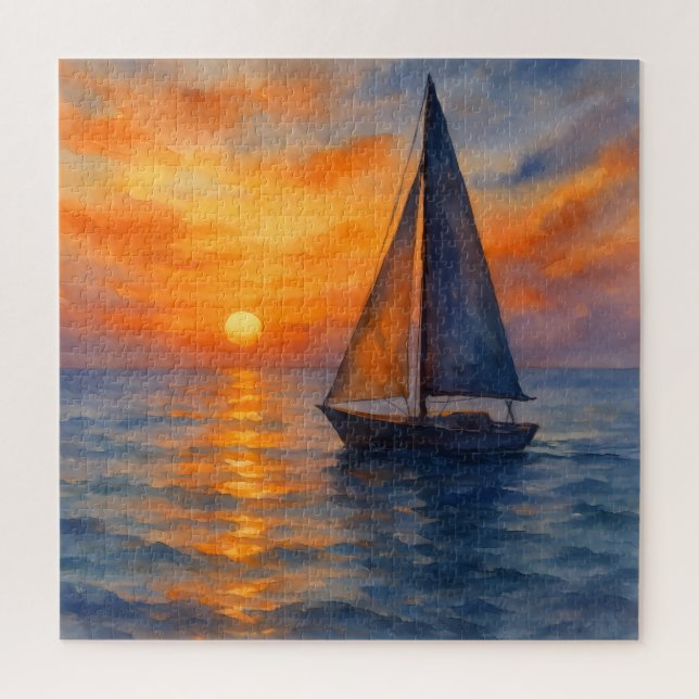 Wasserfarbenes Sailboat Serene Ocean Sunset Nautic Puzzle (Vertikal)