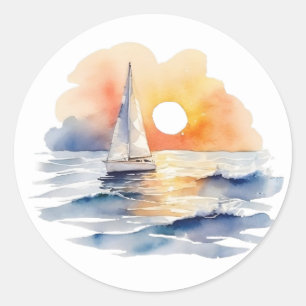 Wasserfarbenes Sailboat Sunset Seascape Gastgesche Runder Aufkleber