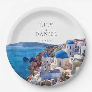 Wasserfarbenes Santorin Griechenland Zielhochzeit Pappteller