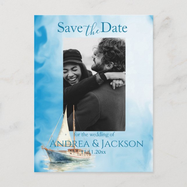 Wasserfarbenes Segelboot Save the Date Foto Postkarte (Vorderseite)