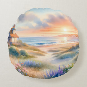Wasserfarbenes Strandhaus-Sonnenuntergang-Dünen Rundes Kissen