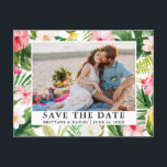 Wasserfarbenes tropisches Foto Save the Date Postkarte<br><div class="desc">Moderne tropische Aquarellblume,  Grüne und Palmen Blätter Save the Date Foto Verlobung Ankündigung Postkarte</div>
