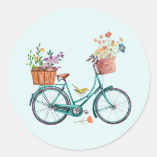 Wasserfarbenes Vintages Fahrrad mit Blume Baskets Runder Aufkleber