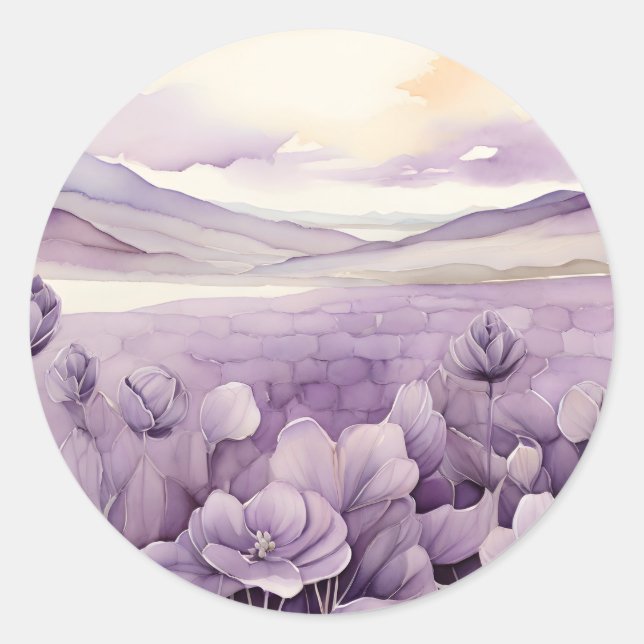 Wasserfarbenes violettes Blumenfeld Runder Aufkleber (Vorderseite)