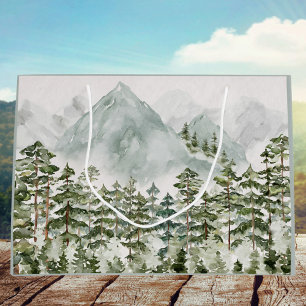 Wasserfarbenes Wald- und Bergmotiv Große Geschenktüte