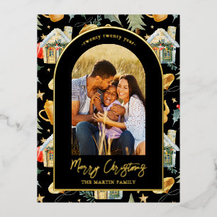 Wasserfarbenes Weihnachtsstadt Foto Schwarz Folien Feiertagspostkarte