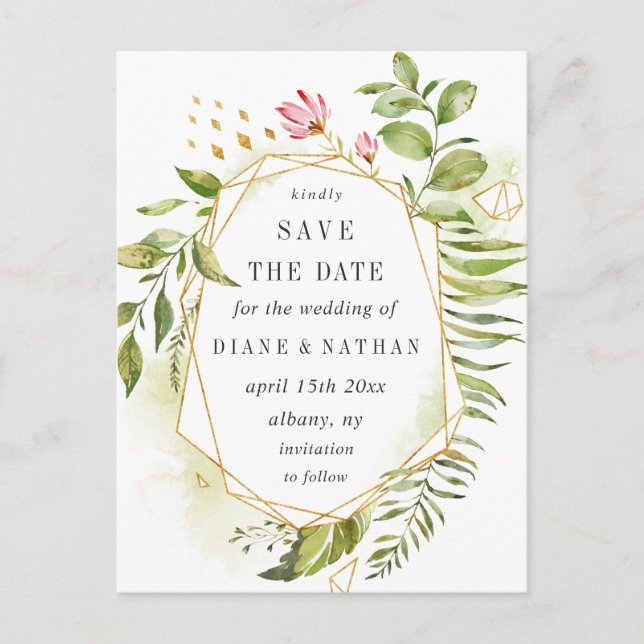 Wasserfarbenes Wild-Grünes Foliage-Foto Save the D Ankündigungspostkarte (Vorderseite)