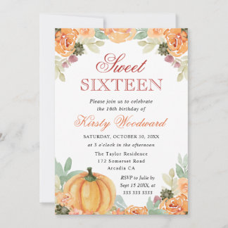 Wasserfarbenfall Floral Pumpkins 16 . Geburtstag Einladung