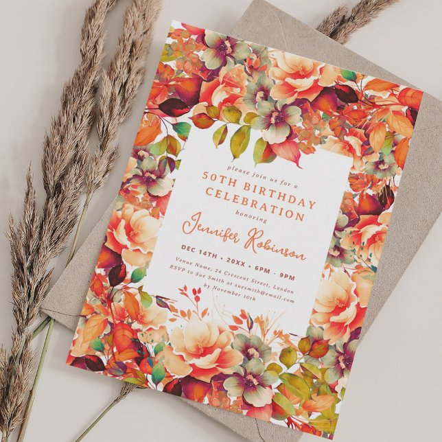 Wasserfarbenfall Herbst Blütenwoche 50. Geburtstag Einladung (Watercolor Fall Autumn Floral 50th Birthday Party Invitation)