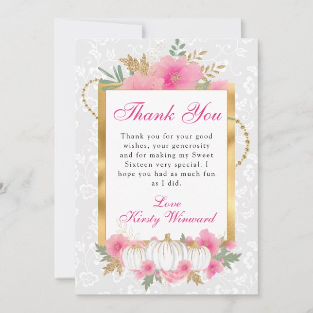 Wasserfarbenfall Pink Gold Floral Pumpkin Sweet 16 Dankeskarte (Vorderseite)